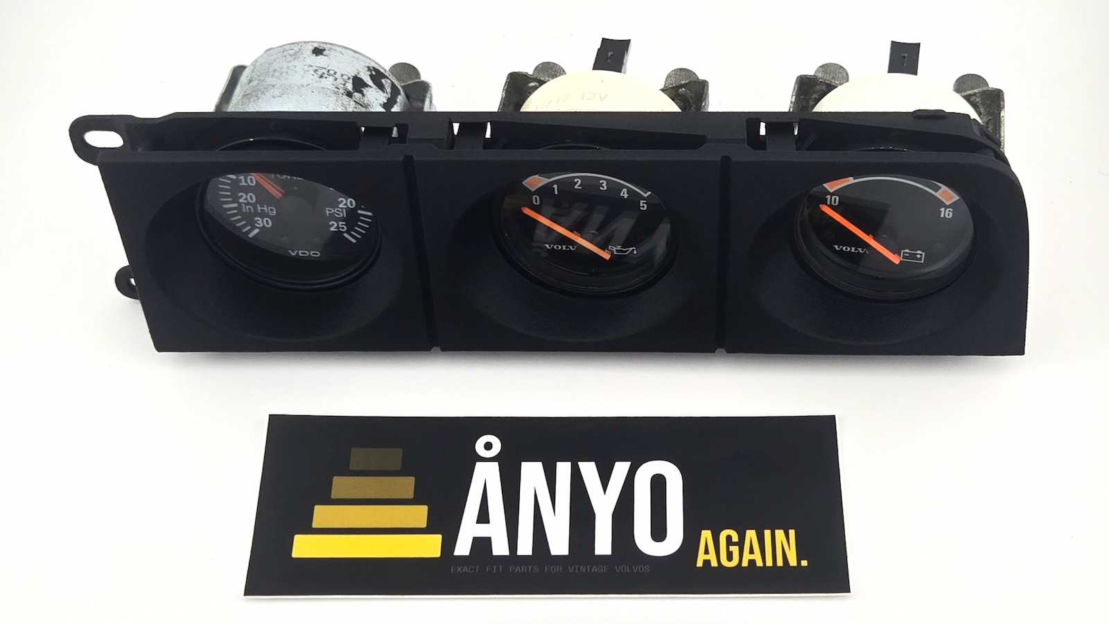 Volvo 240 triple gauge bracket and bezel combo with three gauges installed